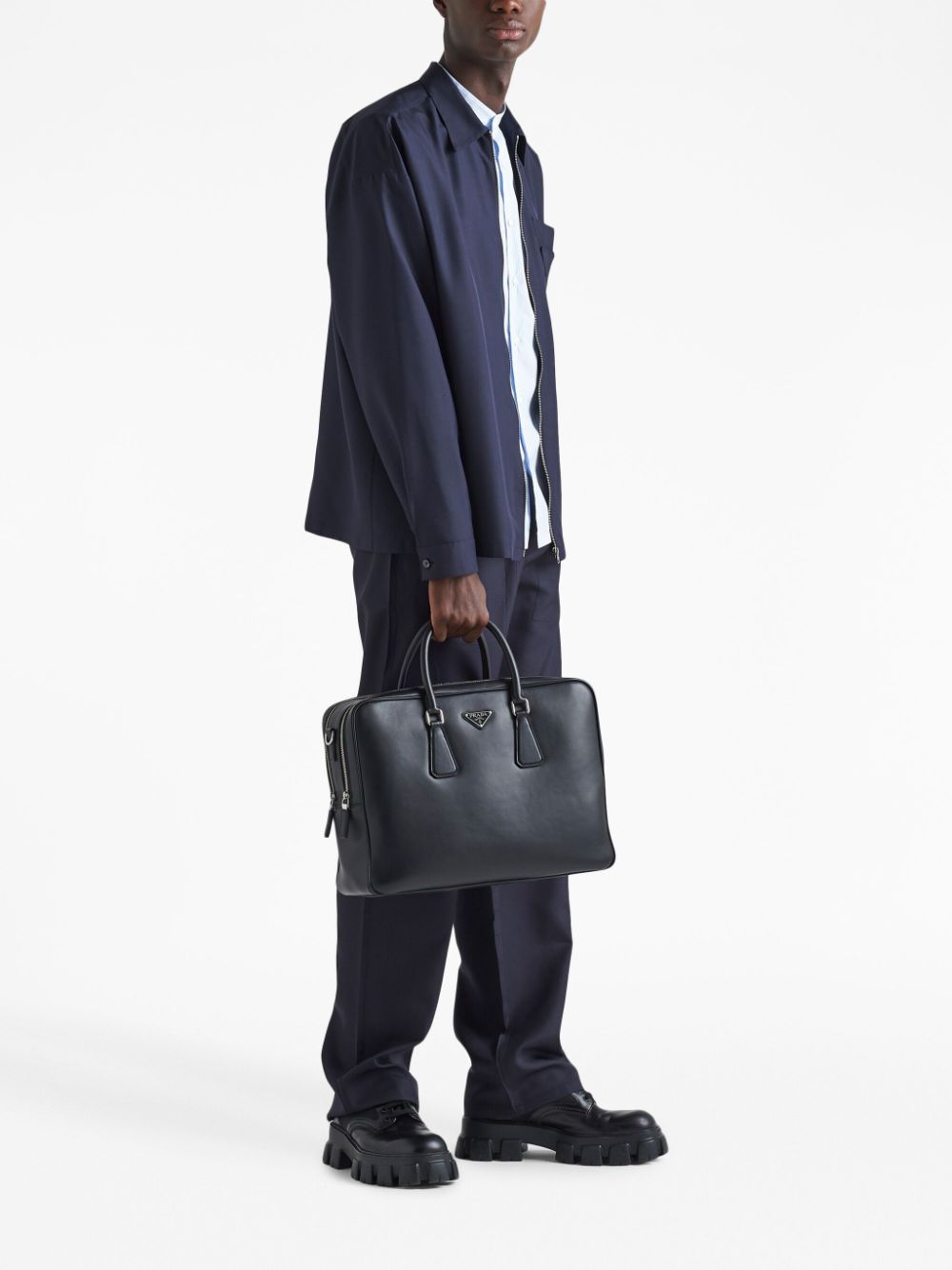 Pra*a triangle-logo saffiano leather briefcase